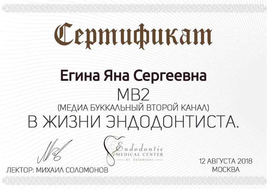 Сертификат — Егина Яна Сергеевна